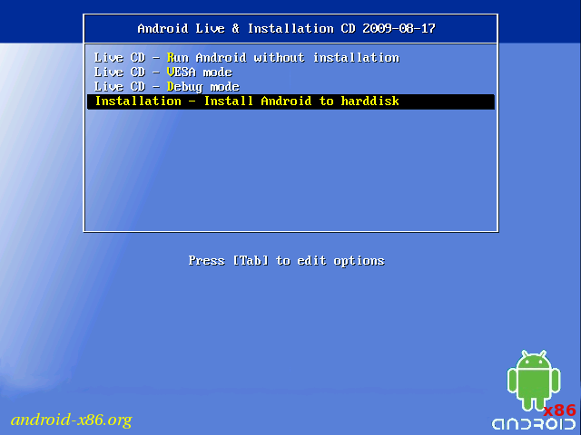 Android x86 Install Boot Select